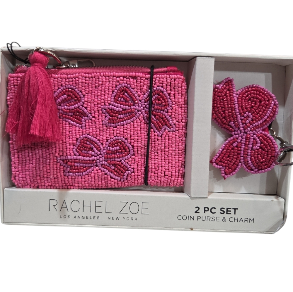 💖🔹️Rachel Zoe 🔹️Fuchsia Bow Beaded Coin Purse and Charm Set